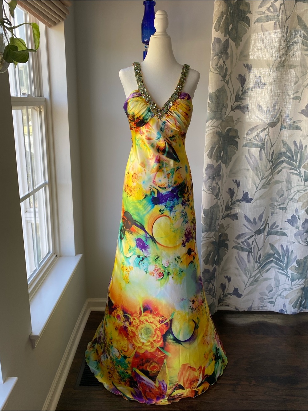 Vintage Y2K Floral Beaded Sequin Fairy Prom Dress  2000s Maxi Gown Size 6